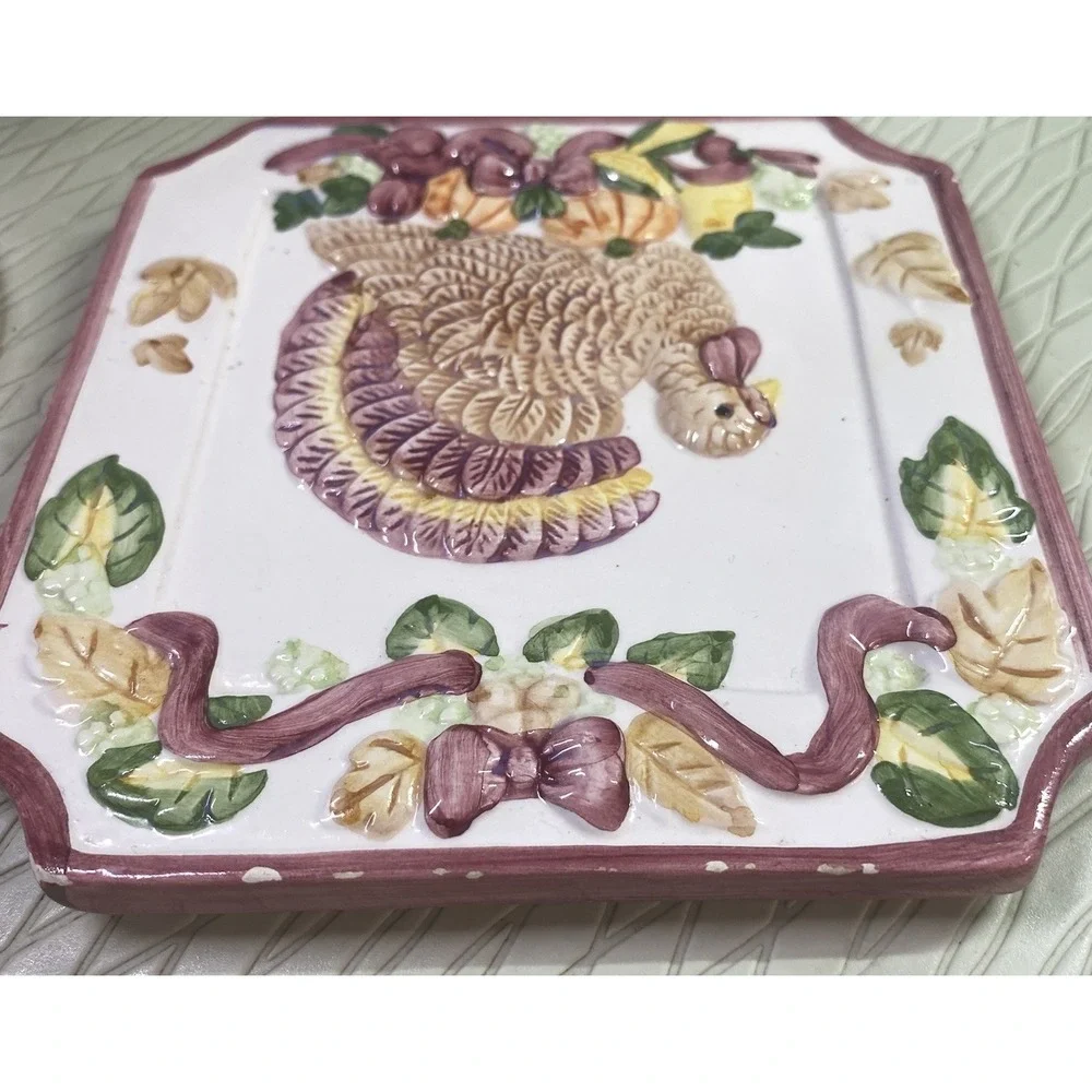 Vintage‎ 1998 Thanksgiving Turkey Pumpkins Fall Trivet&Spoon Rest Ceramic Glossy